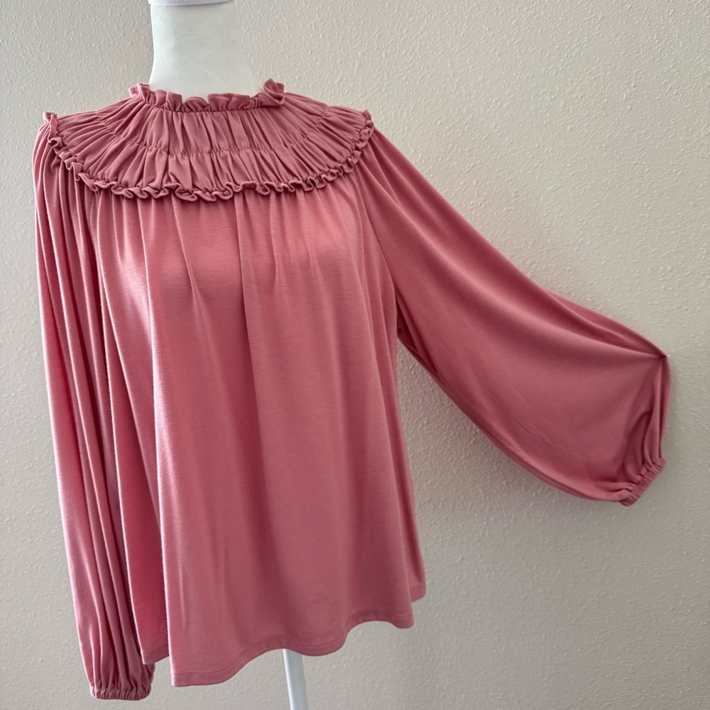 Ann Taylor Ruffled Mock Neck Blouse Dusty Rose Pink size M